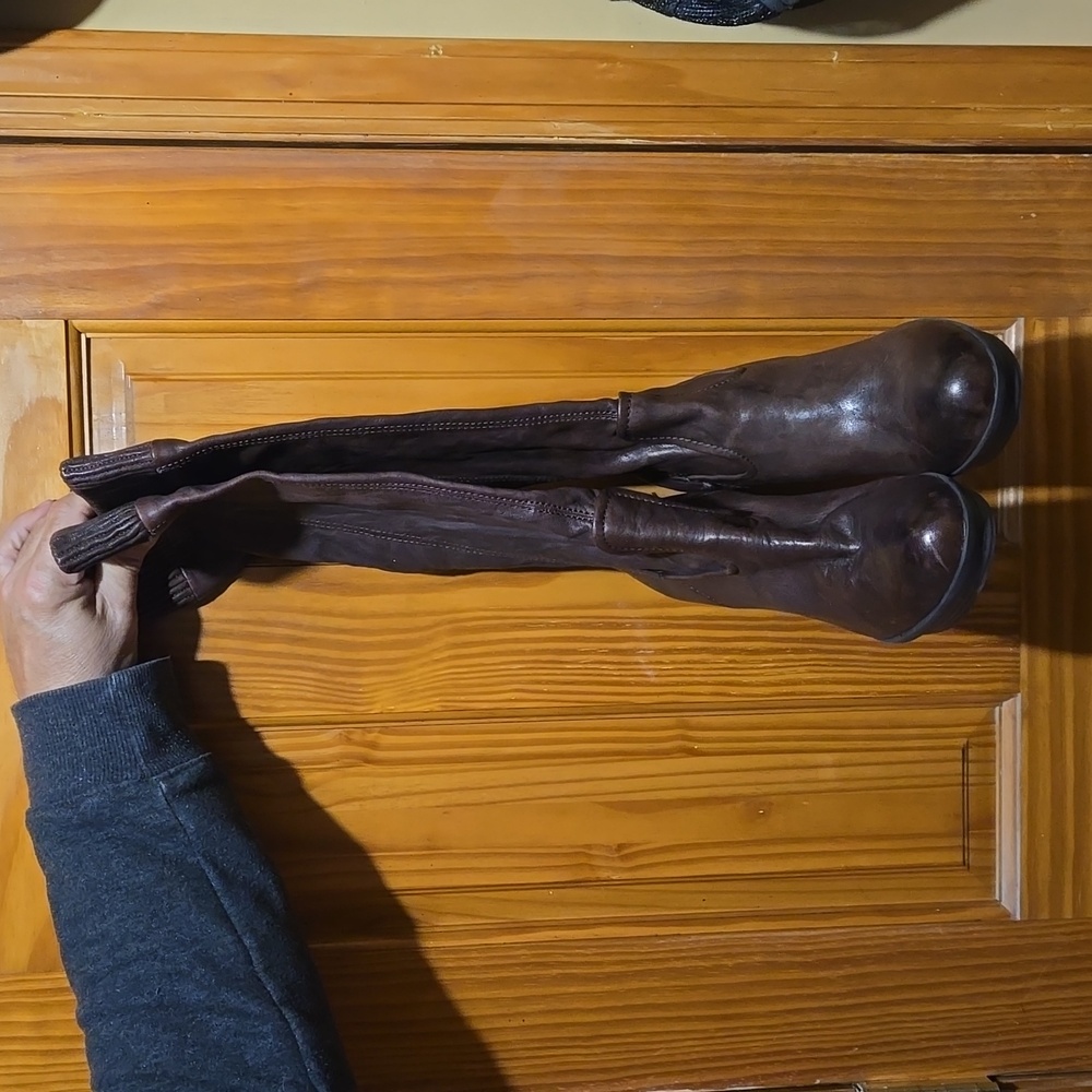 Frye Chocolate Brown All Leather Scrunch Platform Boot Sz 10